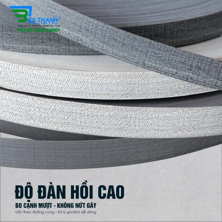 Chỉ nhựa PVC dán cạnh Ba Thanh — Độ đàn hồi cao: bo cạnh mượt, không nứt gãy; uốn theo đường cong, xử lý góc khó dễ dàng