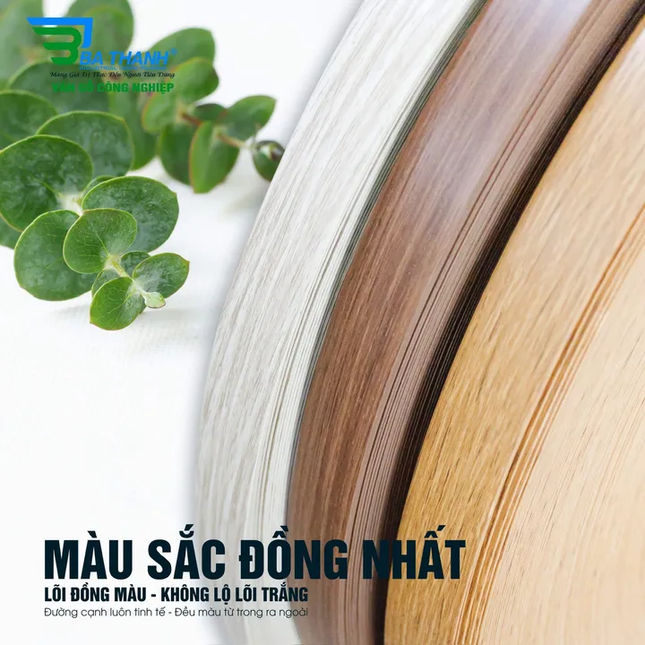 Chỉ nhựa PVC dán cạnh Ba Thanh — Màu sắc đồng nhất: lõi đồng màu, không lộ lõi trắng; đường cạnh luôn tinh tế, đều màu từ trong ra ngoài