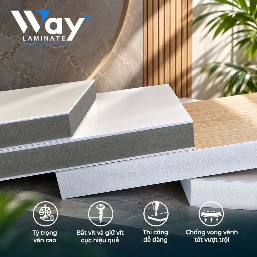 Ảnh quảng cáo Laminate Way: mặt cắt ván nhựa lõi xám kẹp hai mặt và ván nhựa lõi trắng, phủ Laminate trắng và vân gỗ — tỷ trọng ván cao; bắt vít và giữ vít cực hiệu quả; thi công dễ dàng; chống cong vênh tốt vượt trội